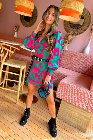 Your New Girl - Green Pink Floral Mini Wrap Dress