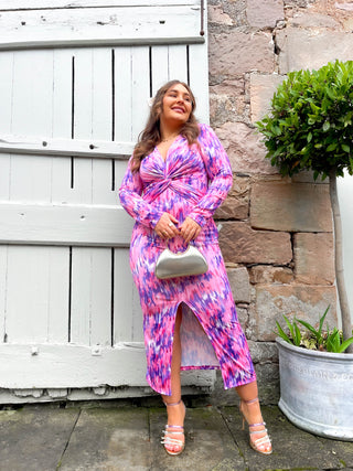 Your Plus One - Pink Lilac Print Plunge Midi Dress