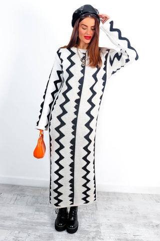 Zig-A-Zig Ah - Cream Black Printed Knitted Maxi Dress