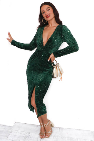 Don't Make Me Wait - Forest Sequin Plunge Midi Dress