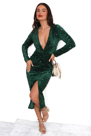 Don't Make Me Wait - Forest Sequin Plunge Midi Dress