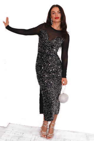 All That Shimmers - 2-in-1 Sequin Mesh Split Leg Midi Dress