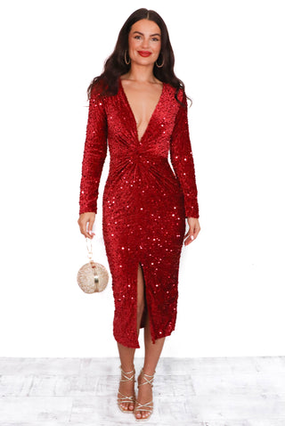 Don't Make Me Wait - Wine Sequin Plunge Midi Dress