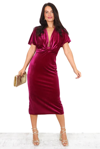 Knot Your Average - Magenta Velvet Midi Dress