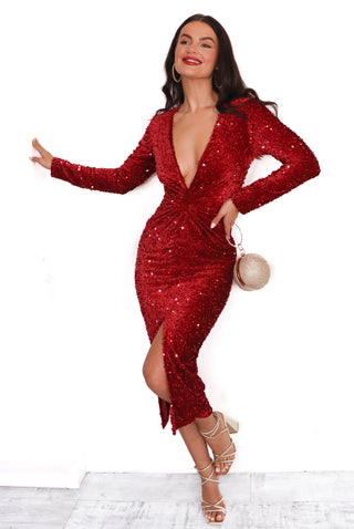 Don't Make Me Wait - Wine Sequin Plunge Midi Dress