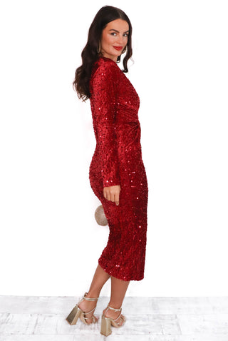 Don't Make Me Wait - Wine Sequin Plunge Midi Dress