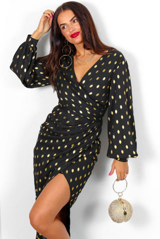A Class Of Your Own - Black Gold Spot Midi Dress