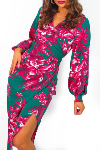 A Class Of Your Own - Green Pink Floral Midi Dress