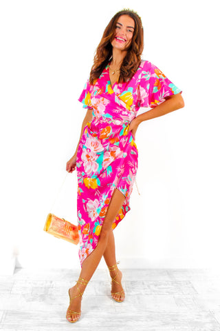 A Class Of Your Own - Pink Multi Floral Angel Sleeve Midi Dress