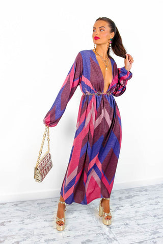A Way Of Life - Purple Pink Glitter Stripe Midi Dress