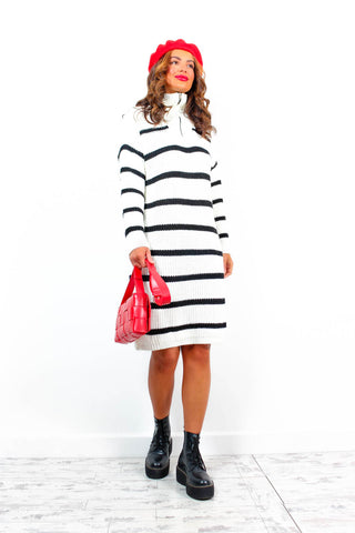 A Whole Mood - White Black Stripe Zip Collar Jumper Dress