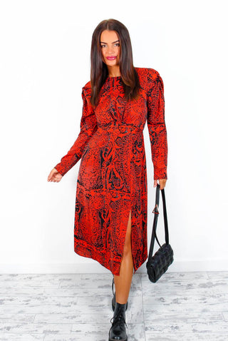 All For You - Red Black Paisley Midi Dress
