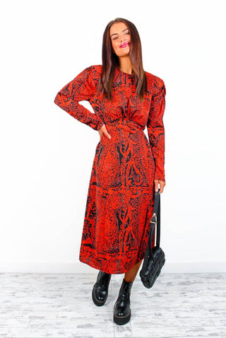 All For You - Red Black Paisley Midi Dress