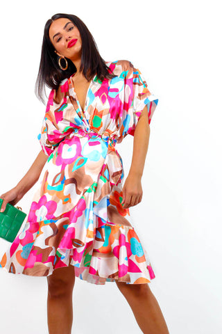 All Wrapped Up - Pink Multi Abstract Floral Midi Dress