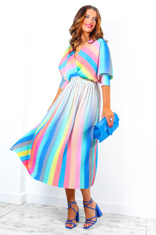Always Be You - Rainbow Stripe Pleated Midi Dress