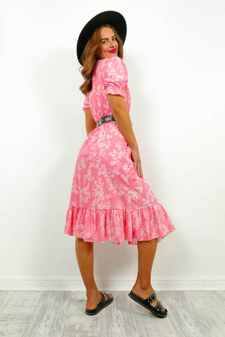 Always Blossoming - Pink Leaf Print Midi Dress