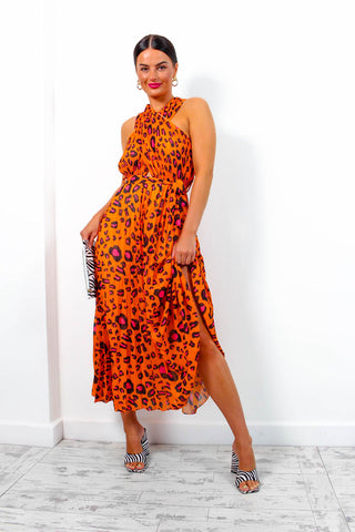 Artemis - Orange Fuchsia Leopard Pleated Maxi Dress