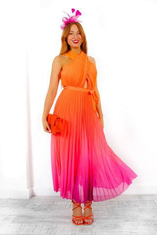 Artemis - Pink Orange Ombre Cross-Over Pleated Maxi Dress