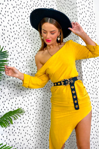 Back Off - Mustard Asymmetrical Ruched Midi Dress