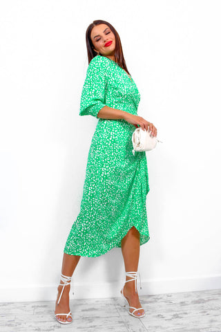 Be Mine - Green Leopard Print Midi Wrap Dress