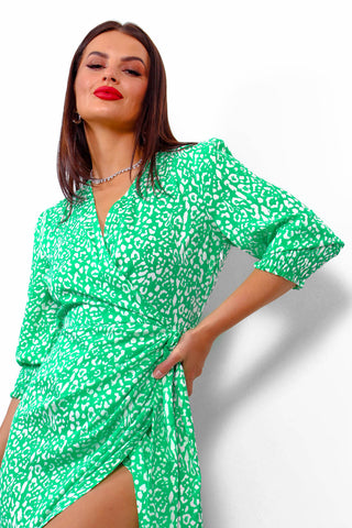 Be Mine - Green Leopard Print Midi Wrap Dress