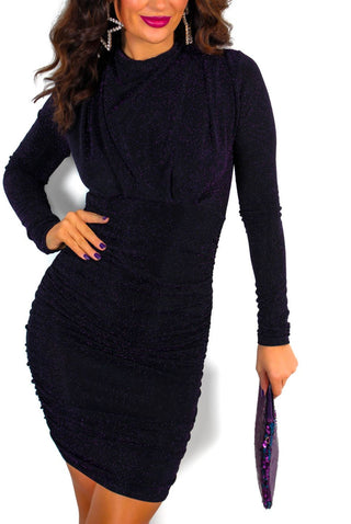 Be The Exception - Black Plum Glitter Ruched Bodycon Midi Dress