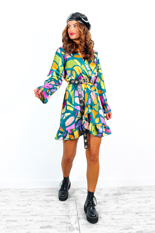 Better Shape Up - Forest Multi Abstract Mini Wrap Dress
