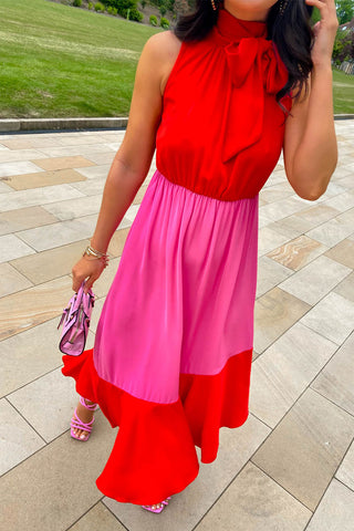 Block You Out - Red Pink High Neck Midi Dress