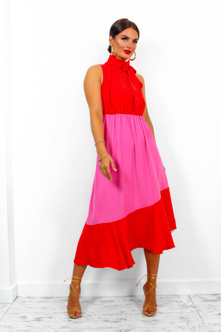Block You Out - Red Pink High Neck Midi Dress