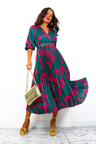 Bolder The Better - Forest Magenta Floral Pleated Midi Dress