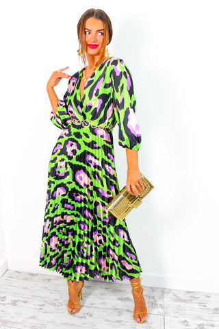 Bolder The Better - Lime Lilac Leopard Print Pleated Midi Dress