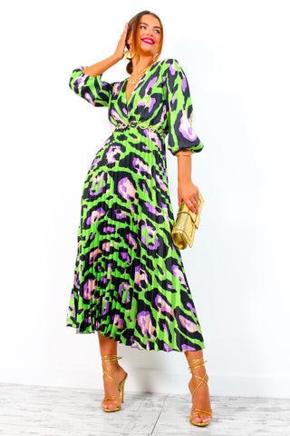 Bolder The Better - Lime Lilac Leopard Print Pleated Midi Dress
