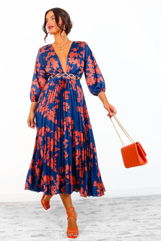 Bolder The Better - Navy Copper Floral Pleated Midi Dress