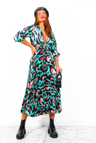 Bolder The Better - Turquoise Coral Leopard Print Pleated Midi Dress
