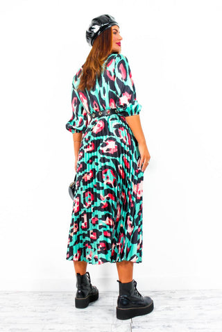 Bolder The Better - Turquoise Coral Leopard Print Pleated Midi Dress