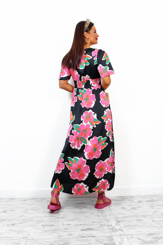 Brunch Babe - Black Multi Floral Midi Dress