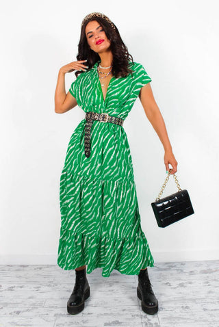 Call My Name - Green Zebra Print Midi Dress