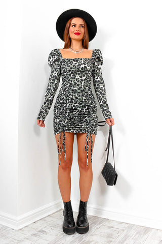 Cutting Ties - Khaki Leopard Ruched Mini Dress
