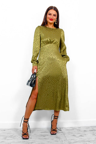 Don't Give A Glam - Khaki Jacquard Leopard Midi Dress