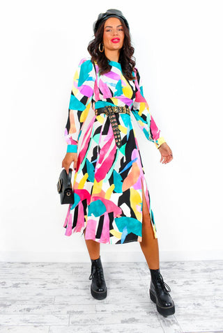 Don't Give A Glam - Teal Multi Geometric Print Midi Dress