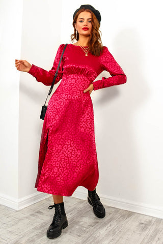 Don't Give A Glam - Wine Jacquard Leopard Midi Dress