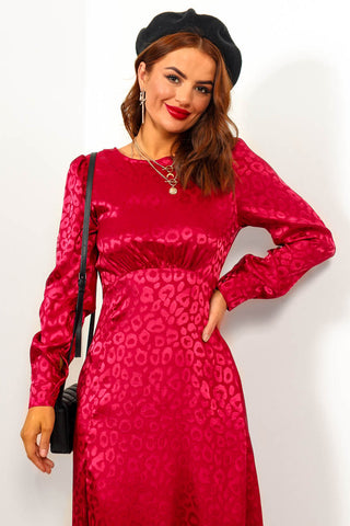 Don't Give A Glam - Wine Jacquard Leopard Midi Dress