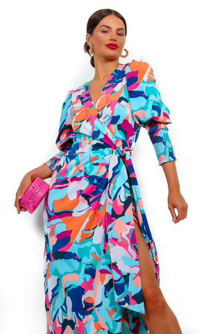 Drive 'Em Wild - Blue Multi Abstract Midi Wrap Dress