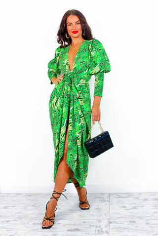 Drive Em Wild - Green Multi Animal Print Midi Wrap Dress