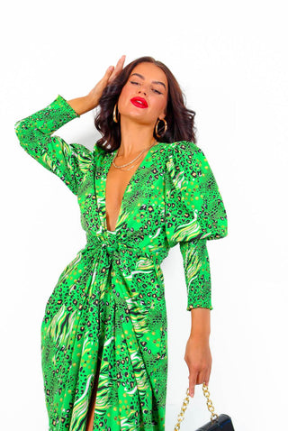 Drive Em Wild - Green Multi Animal Print Midi Wrap Dress