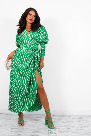 Drive Em Wild - Green Zebra Midi Wrap Dress