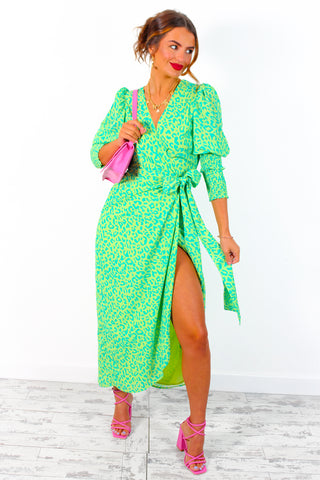 Drive 'Em Wild - Lime Forest Leopard Print Midi Wrap Dress