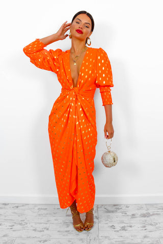 Drive 'Em Wild - Orange Gold Foil Midi Wrap Dress