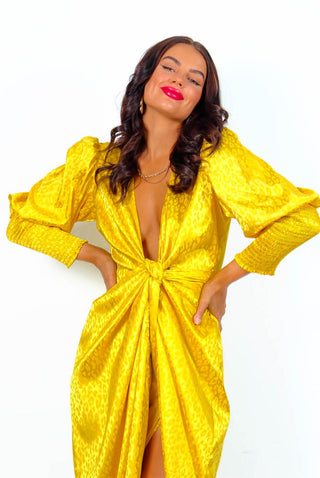 Drive 'Em Wild - Yellow Leopard Jacquard Midi Wrap Dress
