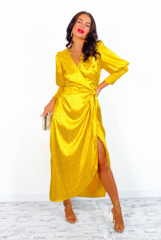 Drive 'Em Wild - Yellow Leopard Jacquard Midi Wrap Dress